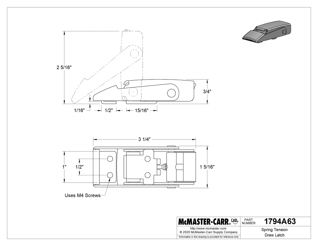 Technical Drawing of Tight-Hold Draw Latch, with Safety Catch, 304 Stainless Steel, 3-1/4" Long x 1-5/16" Wide.